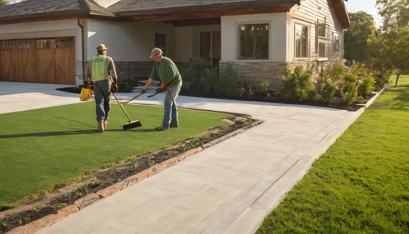 A freshly poured concrete driveway in front of a tidy home in Wildwood